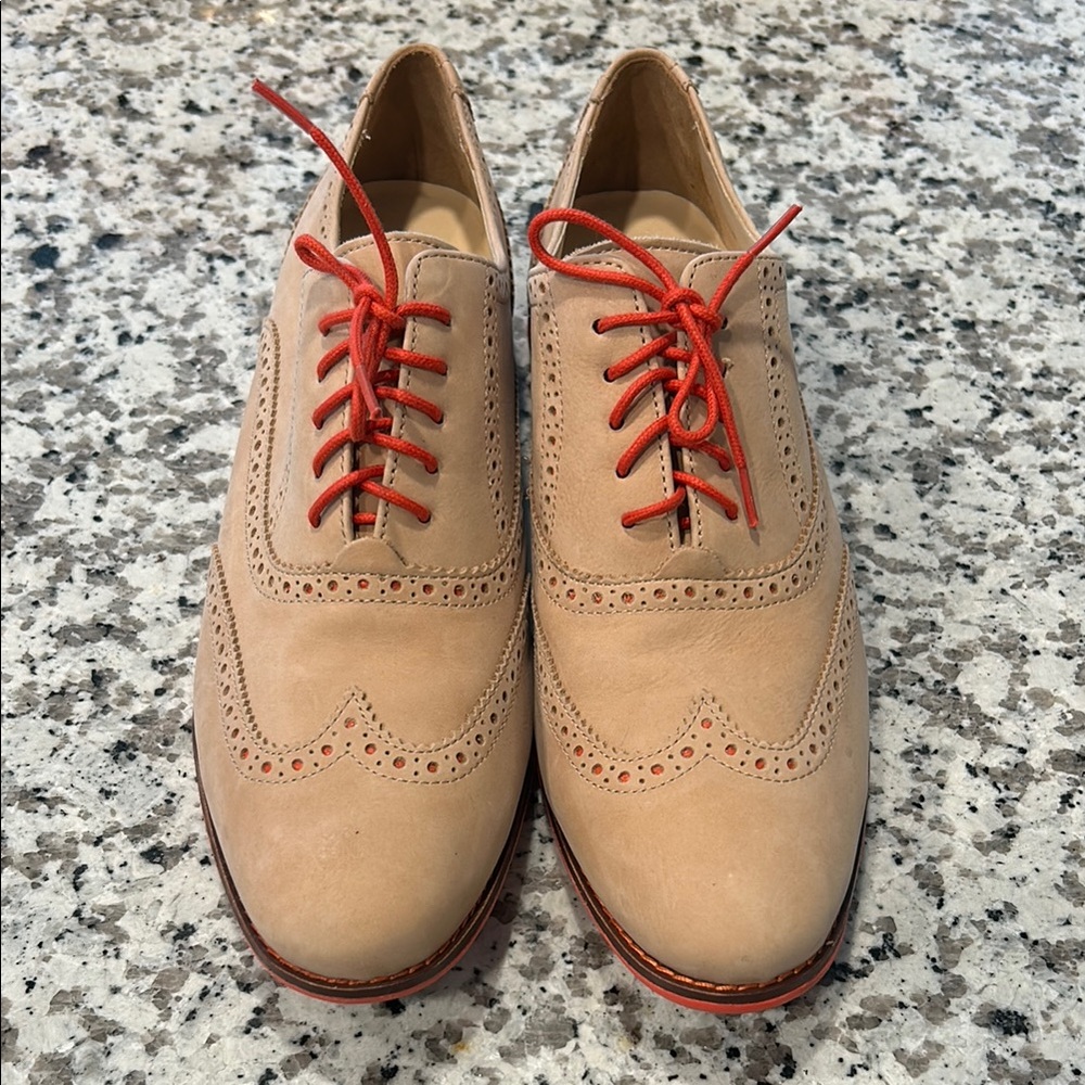 Cream and Red Oxford Shoes with Brogue Detailing and Suede Material